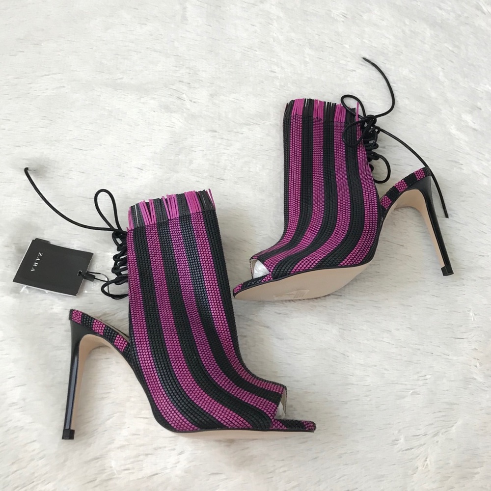 Zara Textured Striped Fringe High Heels Tie Back